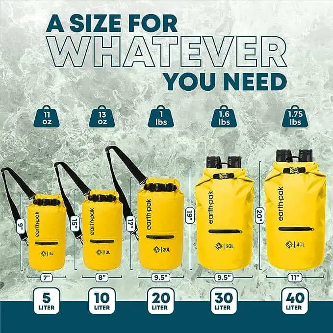 The different dry bag sizes from earth pak.