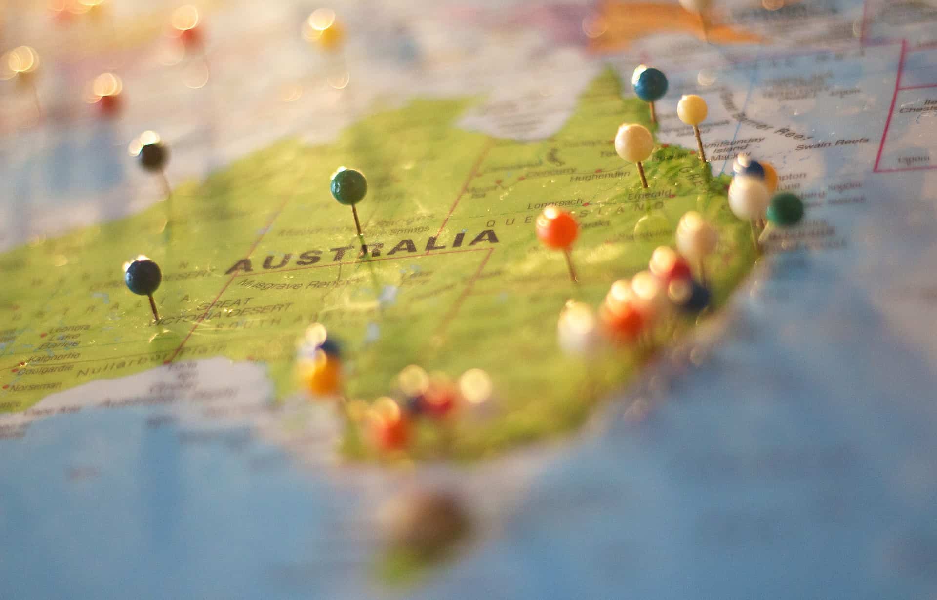 A map with pins of Australia for a blog post about house sitting in Australia