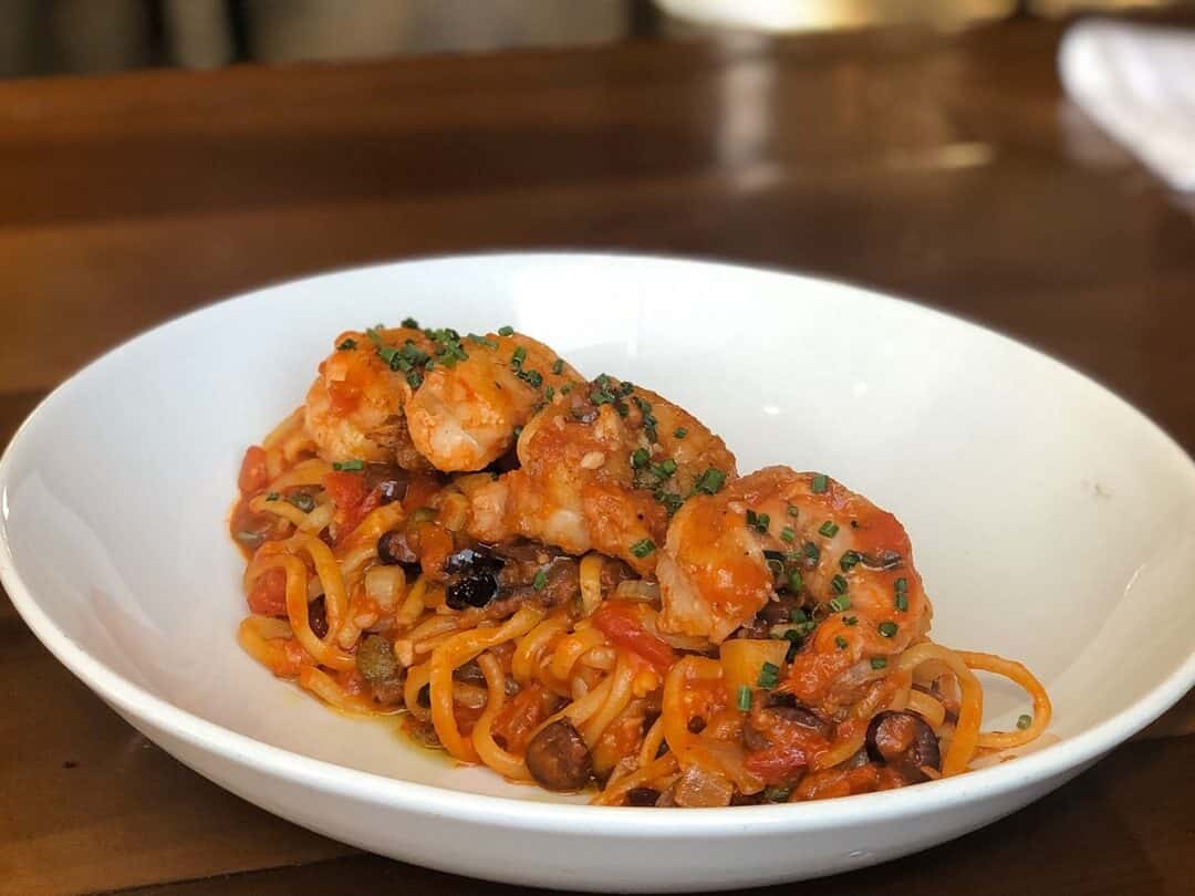 Shrimp with pasta at Cucina Urbana in San Diego, California, USA.