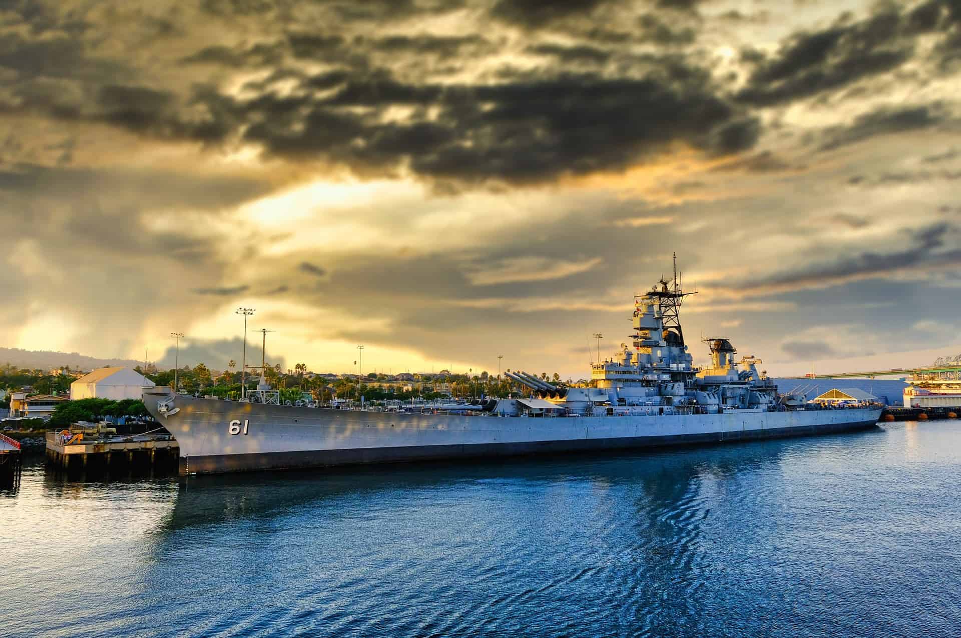 Sunset at the USS Iowa in Los Angeles, USA.