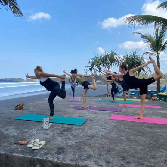 Yoga session at the Bali Green Retreat in the Hindu village Sesandan in Megati district, Tabanan Regency, Bali, Indonesia.
