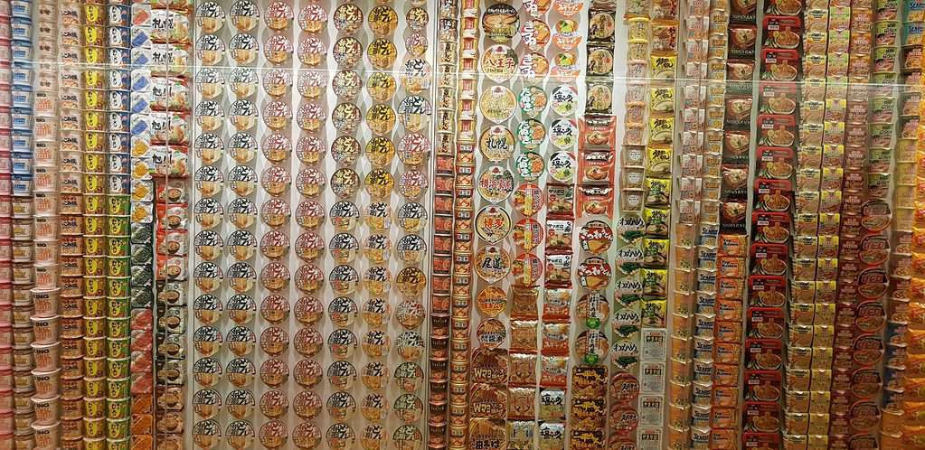 History wall of instant noodles at the Cup Noodle Museum in Yokohama.