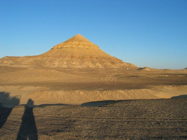 Pyramid Mountain at dusk in the Bahariya desert in Egypt.
