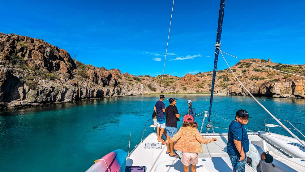 Catamaran tour to Honeymoon Beach at Isla Danzante in Baja California Sur, Mexico.