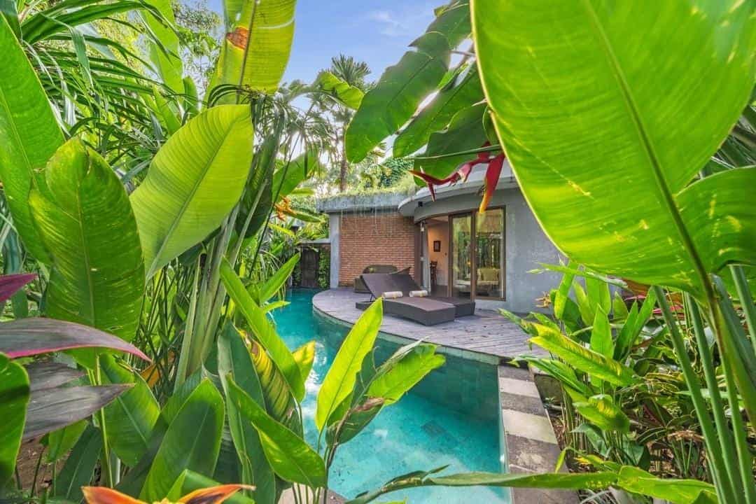 Villa with a private pool at the De Moksha Eco Friendly Boutique Resort in Tanah Lot in Bali, Indonesia.